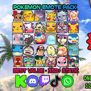 Puede incluir: Una imagen digital con una cuadrícula de varios emoticonos de personajes Pokémon. La imagen incluye el texto "POKEMON EMOTE PACK", "BEST VALUE - 350+ STATIC" y una promoción "25% OFF". También se muestran iconos de redes sociales y opciones de tamaño.