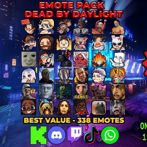 Könnte beinhalten: Ein digitales Emote-Paket für Dead by Daylight mit einem Raster aus verschiedenen Charakterillustrationen. Das Bild enthält Textbeschriftungen wie EMOTE PACK, DEAD BY DAYLIGHT, 25% OFF, STATIC, ANIMATED, SIZES und BEST VALUE - 338 EMOTES.