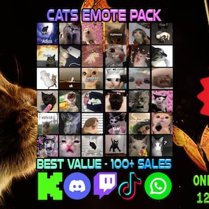 以下が含まれることがあります： 様々な猫の表情を描いたデジタル商品「CATS EMOTE PACK」。画像には猫の絵文字のグリッドが表示され、「BEST VALUE - 100+ SALES」と「25% OFF」の文字が含まれています。サイズは128x128、96x96、64x64です。