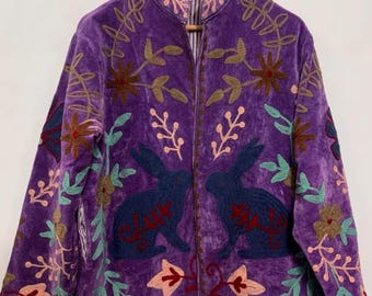 Ręcznie robiona patchworkowa pikowana aksamitna kurtka, styl boho suzani etniczny