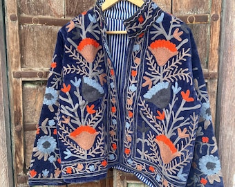 Handmade Velvet Suzani Embroidered Jacket, Bohemian Coat
