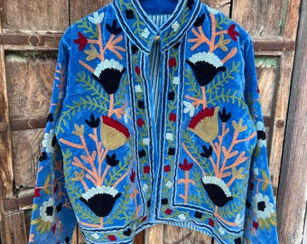 Abrigo azul bordado Suzani / Chaqueta festiva estilo boho