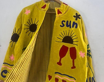 Yellow Suzani Embroidered Jacket | Boho Festive Short Coat
