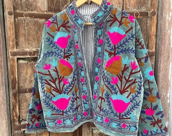 Giacca Boho Suzani ricamata, cappotto indiano fatto a mano per festival.