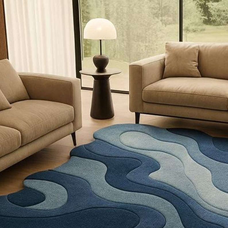 Hand Tufted Wool Rug | Abstract Wave Design, Navy Blue & Beige - Etsy