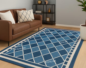 Handmade Blue Geometric Tufted Wool Rug | Modern Luxury Area Carpet