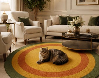 Handmade Round Retro Circle Tufted Rug - Yellow Green Mid Century Modern Boho Area Carpet