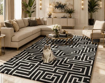 Black White Geometric Tufted Rug | Modern Greek Key Area Carpet
