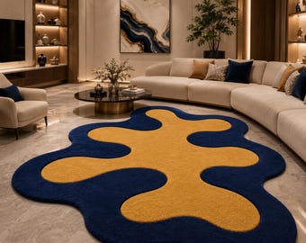 Luxury Abstract Tufted Rug | Handmade Navy Blue & Mustard Yellow Modern Area Rug