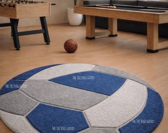 Hand Tufted Wool Football Rug, Blue Grey Sports Theme