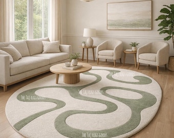 Sage Green & Ivory Modern Abstract Round Tufted Rug | Handmade Wavy Pattern Carpet