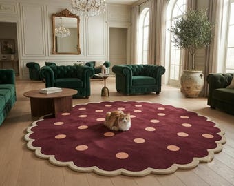 Hand Tufted Organic Wool Rug, Round Scalloped Polka Dot Area Carpet Decor