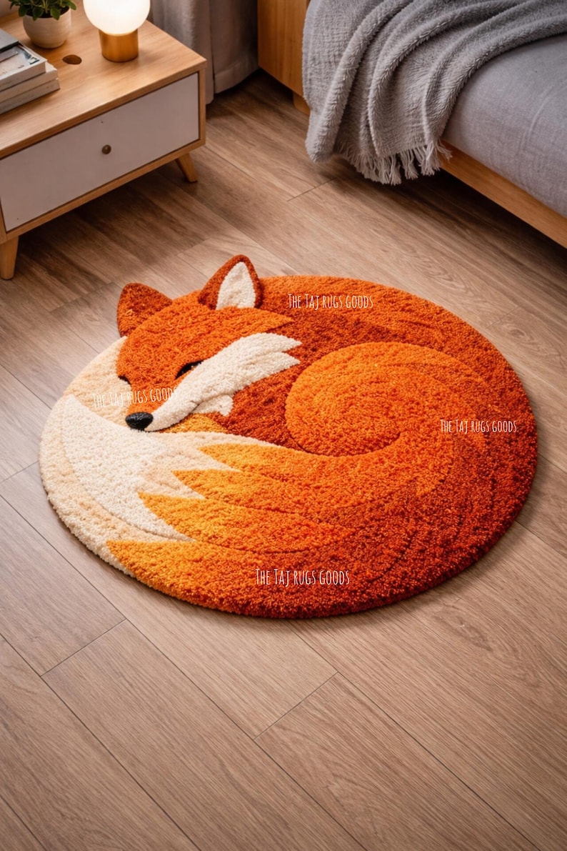 May include: A round, orange and cream-colored rug shaped like a sleeping fox. The rug has a textured, plush surface and features the fox's head, body, and tail in a curled position. The text "THE TAJ RUGS GOODS" is printed on the rug.