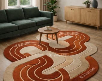 Hand Tufted Wool Area Rug, Abstract Geometric Design, Terracotta & Beige