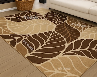 Brown Beige Leaf Area Rug | Modern Botanical Carpet for Nature-Inspired Living Room Decor