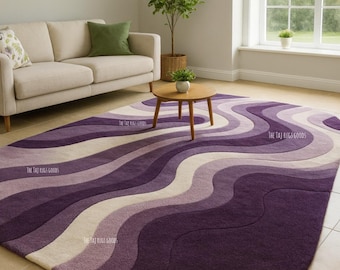 Luxury Hand Tufted Purple Wool Area Rug | Modern Abstract Wave Carpet for Living Room