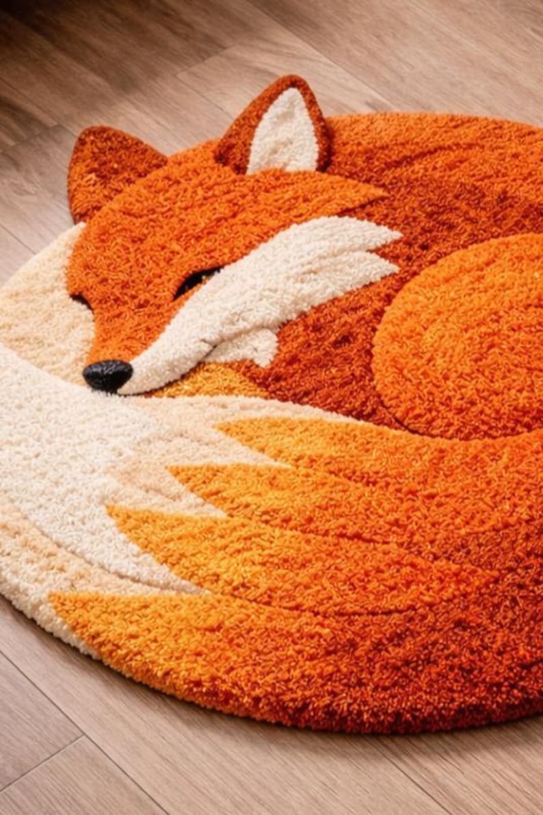 May include: A round, orange fox rug with a white and cream-colored face and tail. The rug is made of a soft, textured material and features a sleeping fox design. The fox's eyes are closed, and its body is curled up.