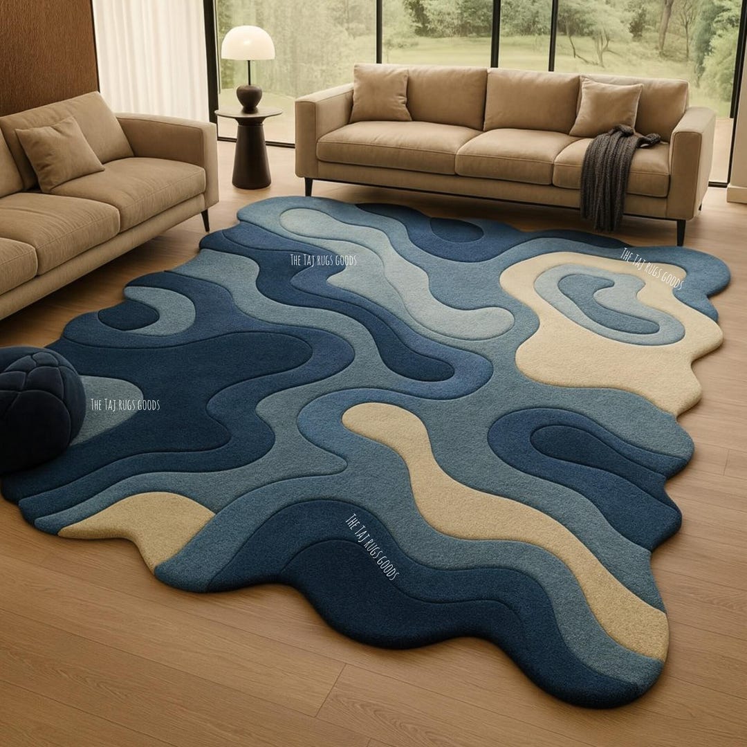 Hand Tufted Wool Rug | Abstract Wave Design, Navy Blue & Beige - Etsy
