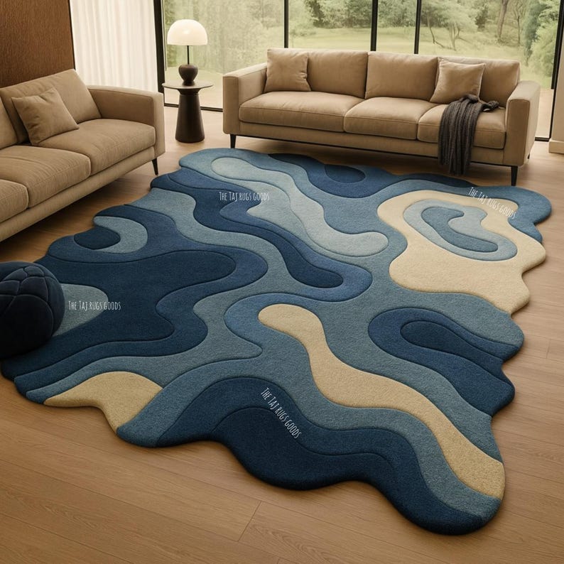Floorsense Area Rug Hand Tufted Wool Rug | Abstract Wave Design, Navy Blue & Beige - Etsy
