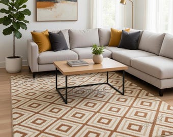 Alfombra geométrica de lana tejida a mano, alfombra moderna de estilo bohemio para sala de estar.