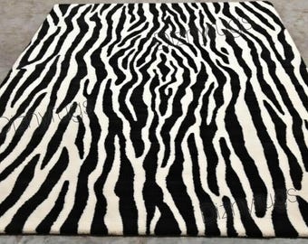 Hand Tufted Wool Zebra Rug – Modern Black White Animal Print Area Carpet