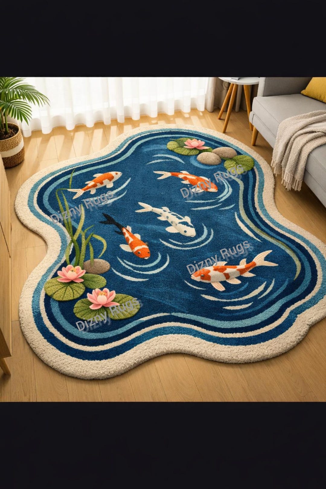 Pond Colors Rug Koi Fish Pond Rug – Japanese Style Blue Water Lily Area Rug - Etsy