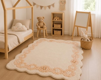 Blush Bloom Scalloped Hand-Tufted Wool Rug – Luxury Kids Nursery Area Rug