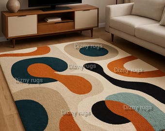 Mid-Century Modern Abstract Area Rug – Retro Geometric Waves in Warm Earthy Tones .