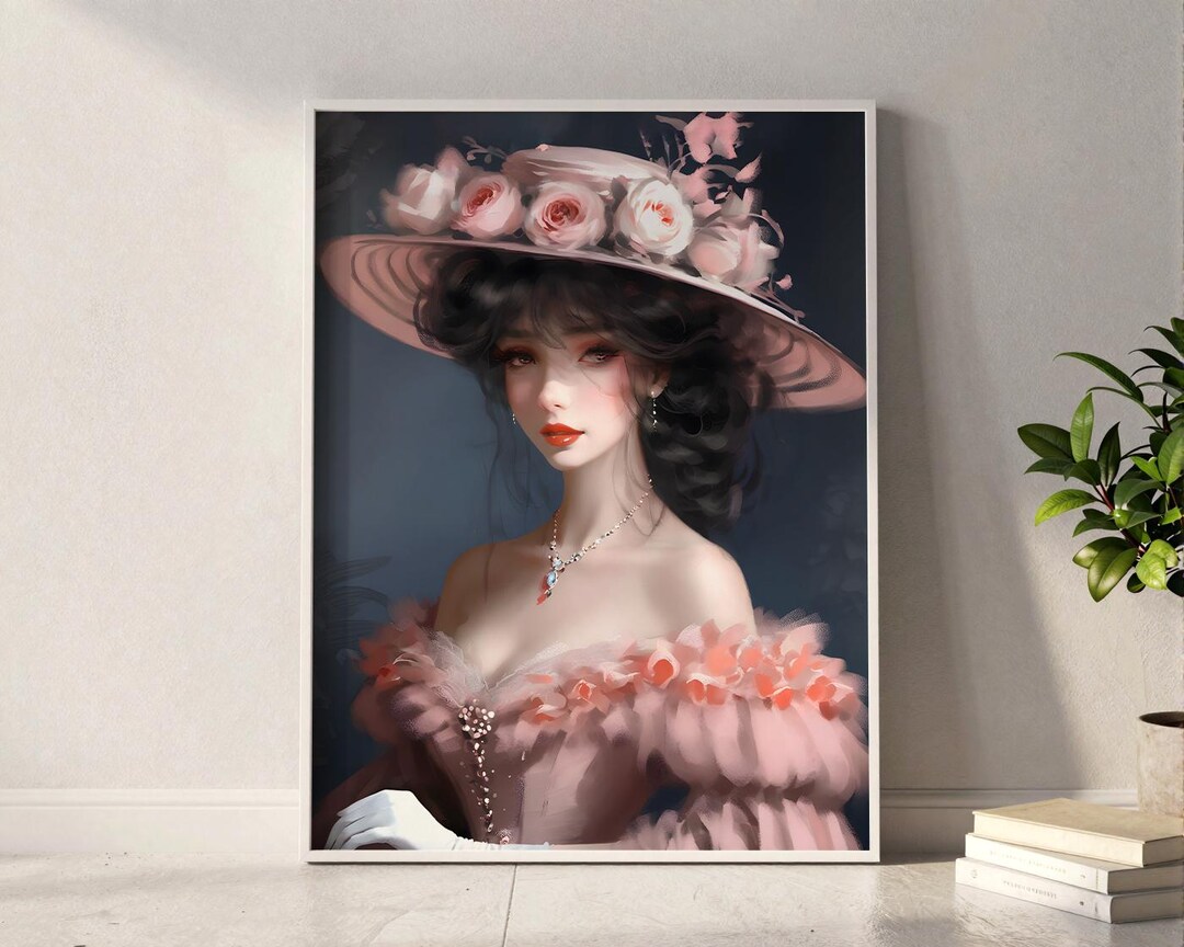 Lady In Rose Lady in Rose Dress Portrait Wall Art Painting, Print, Mobile Wallpaper ...