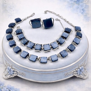 Vintage Coro Pegasus Moonray Blue Lucite Parure – 1950s Mid Century Necklace Bracelet Earrings Set – Thermoset Statement Jewelry