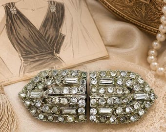 Vintage Art Deco Rhinestone Dress Clip Pair | Architectural Shield Design | Geometric Silver Tone Accessories