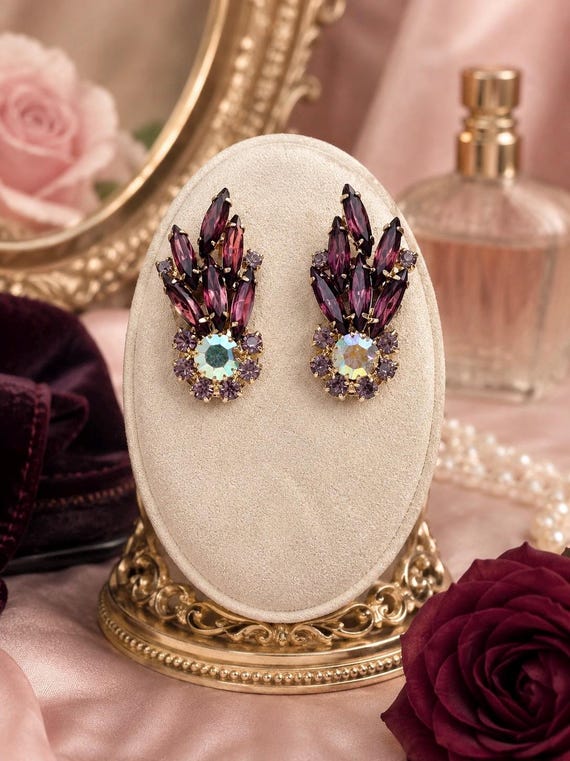Juliana D&E Amethyst Purple Navette Clip Earrings AB 1960s Sticks And Stones
