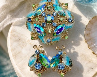 1960s Blue AB Art Glass Butterfly Demi Parure, Sculptural Rhinestone Brooch Earrings Set, Mid Century Cocktail Jewelry, Coastal Capri Style