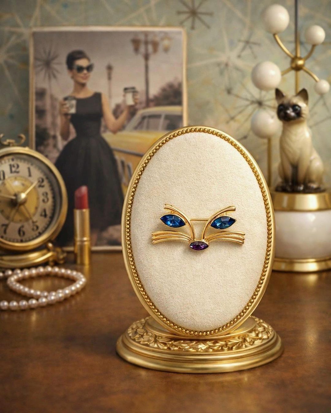 Vintage Cat Face Brooch Blue Rhinestone Eyes Gold Tone Kitty Figural ...