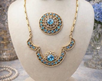 Vintage Aqua Rhinestone Parure Necklace Brooch Earrings 1950s Something Blue Bridal Set
