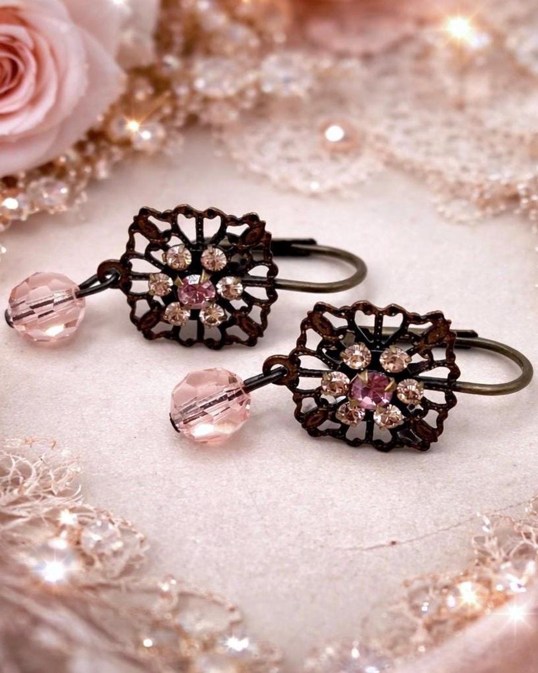 Vintage Pink Crystal Dangle Earrings Filigree Petite Romantic ...