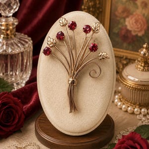 May include: A gold-toned brooch shaped like a bouquet of flowers, featuring five round, deep red faceted stones set as blossoms at the ends of thin, curved stems. The design includes several small, textured gold leaves and a single spiral accent.