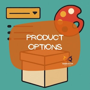 May include: Cartoon illustration featuring the text "PRODUCT OPTIONS" above a box. The image includes a palette, a checklist, a dropdown menu, and a checkmark icon. The background is teal.