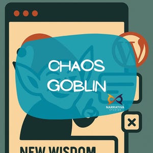 Puede incluir: Ilustración digital con un personaje de duende turquesa y las palabras "CHAOS GOBLIN" en blanco. Debajo, el texto "NEW WISDOM". El diseño utiliza tonos naranja, turquesa y beige, que recuerdan a una interfaz digital.
