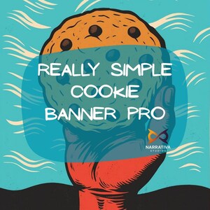 Puede incluir: Ilustración digital de una galleta gigante sostenida en una mano, con el texto "REALLY SIMPLE COOKIE BANNER PRO" en blanco. La galleta es marrón con chispas de chocolate, sobre un fondo azul y turquesa.