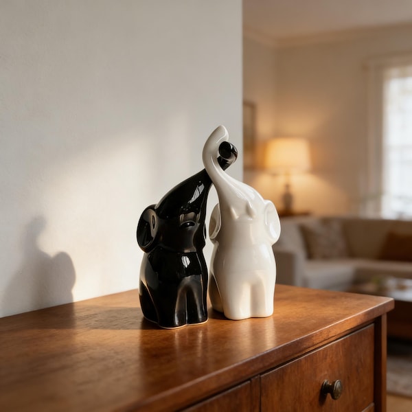 Handgemaakt keramisch olifantenpaar – minimalistisch interieur, huwelijkscadeau