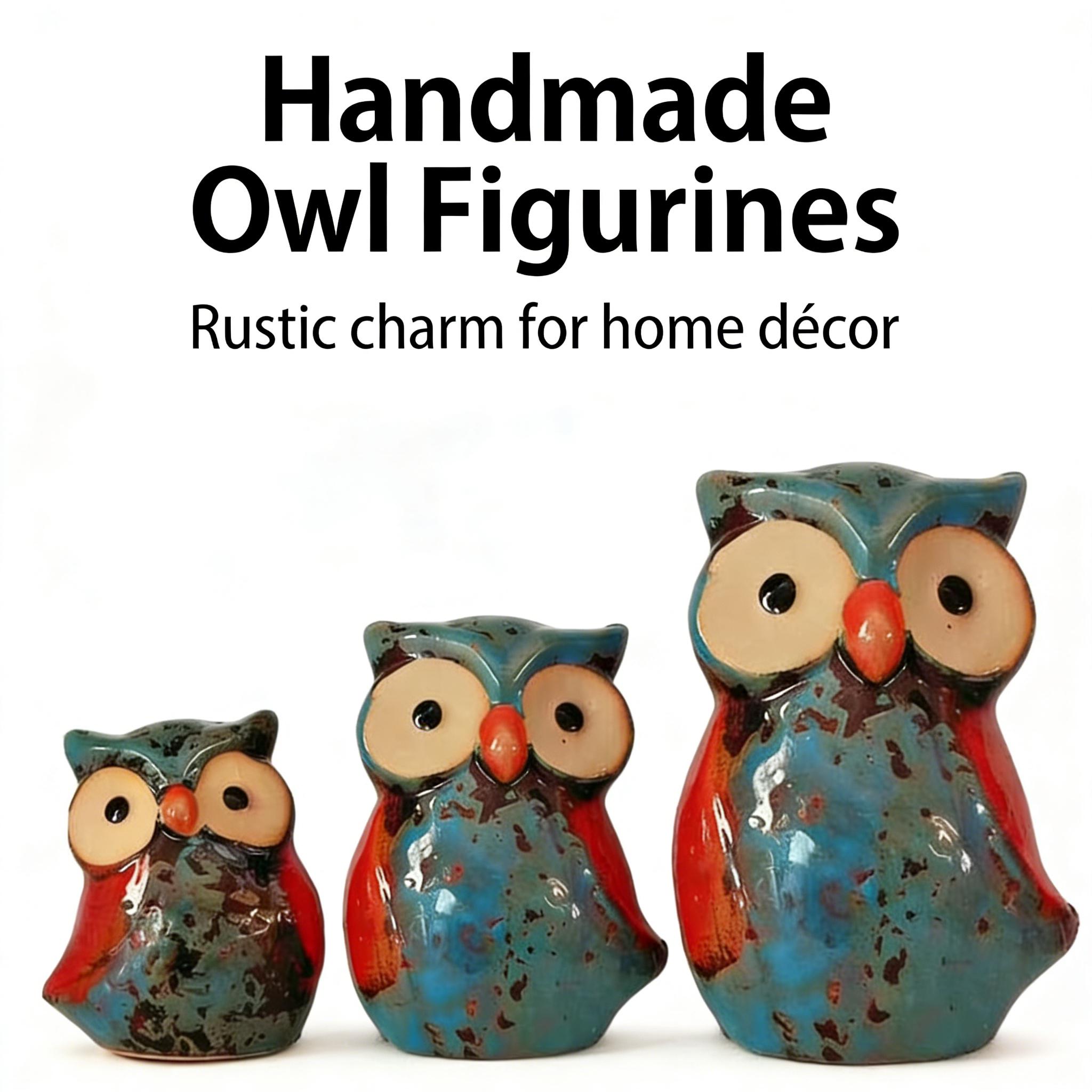 Handmade Ceramic Owl Family &ndash; Rustic Blue Glazed Figurines, Set of 3