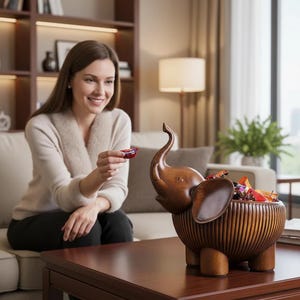 Peut inclure: Un bol en forme d'éléphant en bois, rempli de bonbons colorés. Le bol présente un design côtelé et repose sur une table marron foncé. L'éléphant est en bois aux tons chauds.