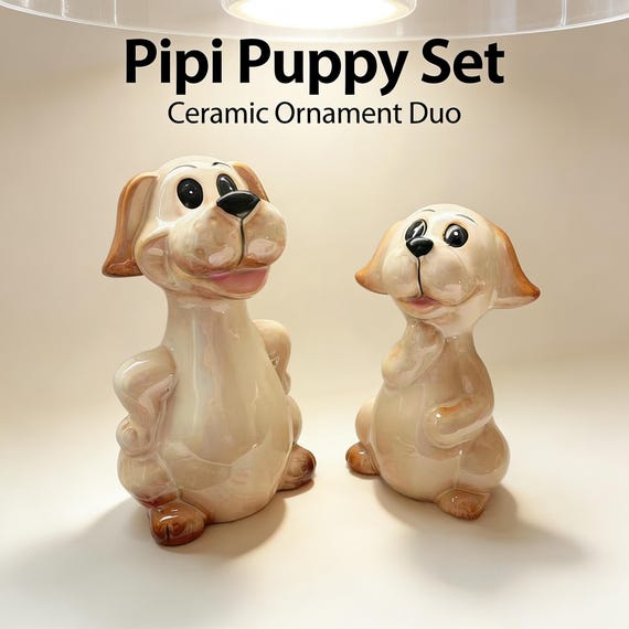 手作り陶器製子犬の置物セット | ピピ子犬デュオ | かわいい艶出し犬