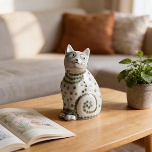 Peut inclure: Figurine de chat en céramique blanche ornée de pois et motifs en spirale verts. Le chat a des yeux verts et un sourire. Il est posé sur une table en bois à côté d'un livre ouvert et d'une plante en pot. La figurine mesure environ 15 cm de haut.