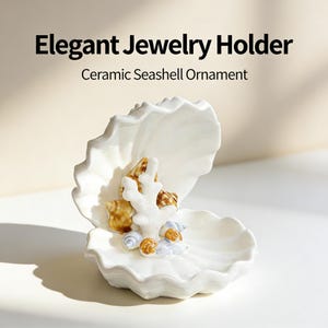 May include: White ceramic seashell jewelry holder with a wavy edge, holding small seashells and a white coral-like structure. The text reads "Elegant Jewelry Holder" and "Ceramic Seashell Ornament".