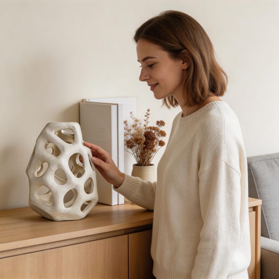 A hollow wabi-sabi ceramic sculpture that functions as a tealight holder, casting warm light through its organic abstract form.