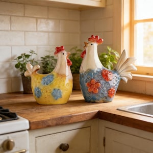 以下が含まれることがあります： 2つのセラミック製の雄鶏の置物。1つは青い花のアクセントが付いた黄色、もう1つはオレンジ色の花のアクセントが付いた青色です。どちらも赤い鶏冠と白い体を持っています。キッチンにある木製のカウンタートップに飾られています。