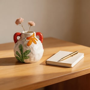 Hand-Painted Ceramic Abstract Vase | Single Handle Bud Vase, Memphis Boho Decor