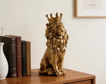 Handmade Gilded Lion Figurine | European Vintage Crown Statue, Regal Home Decor